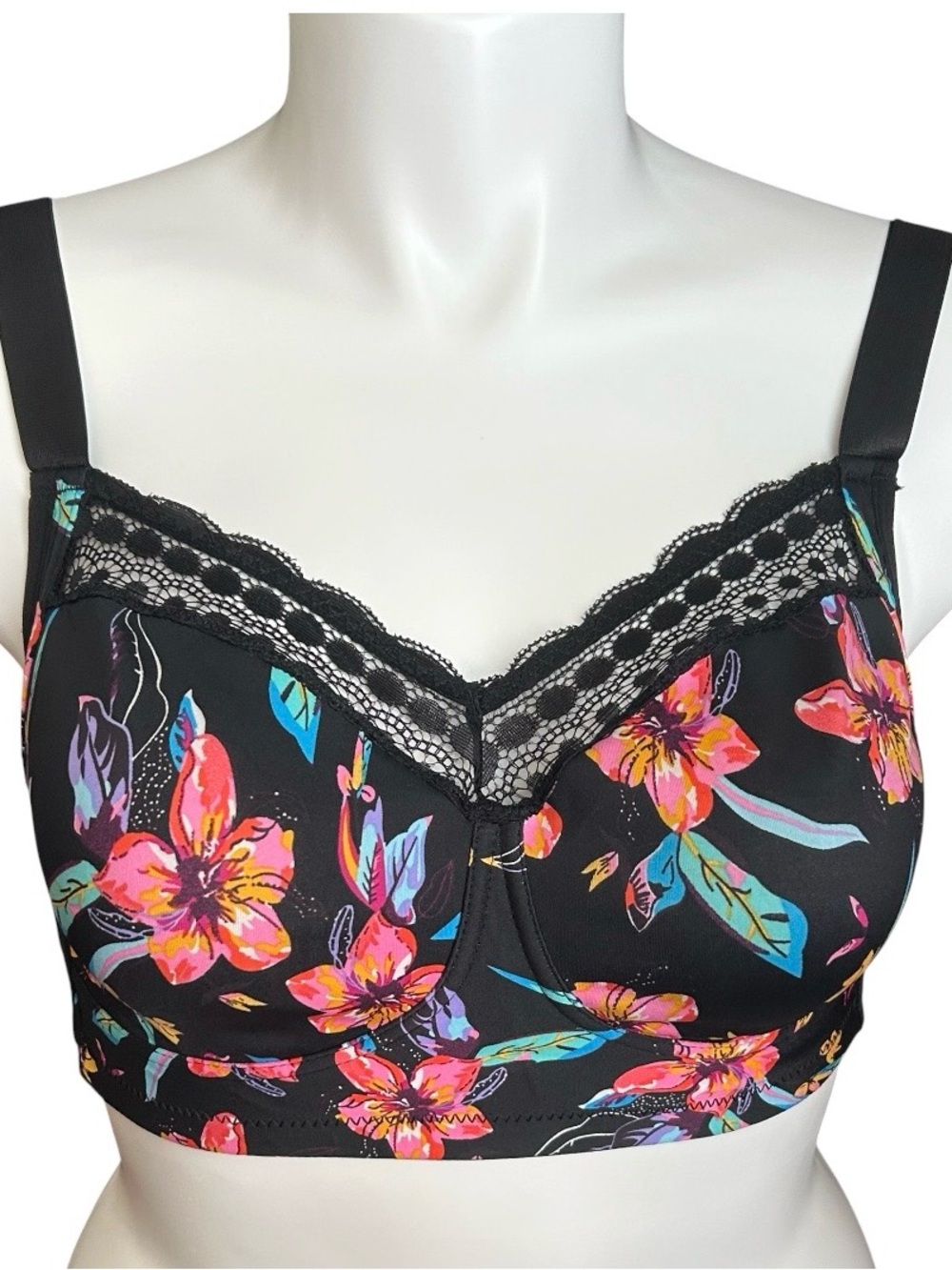 💐NEW Floral Lace Trim Black Bra with Neon Flowers 40D - Picture 4 of 4